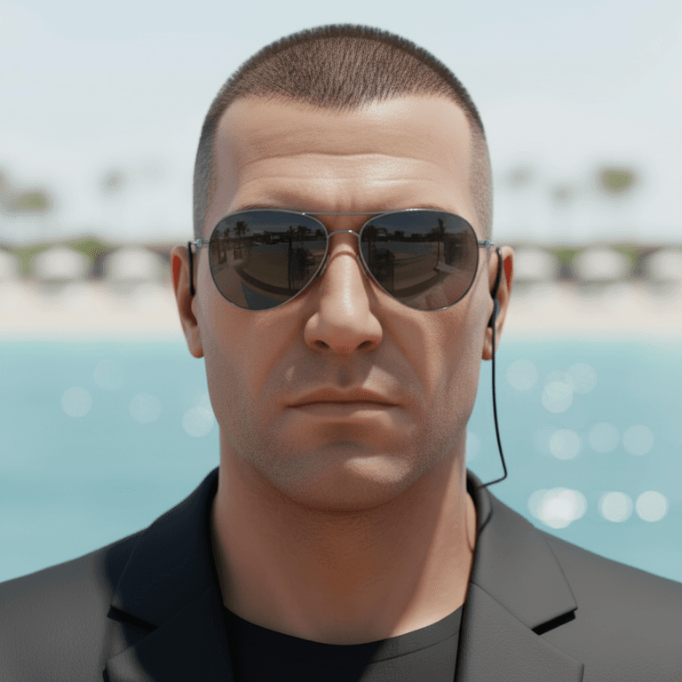 Security — siyah takım, güneş gözlüğü, kulaklık